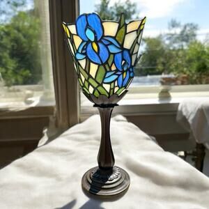 Vintage Tiffany Style Stained Glass Candle Holder - Iris Flowers! Vents